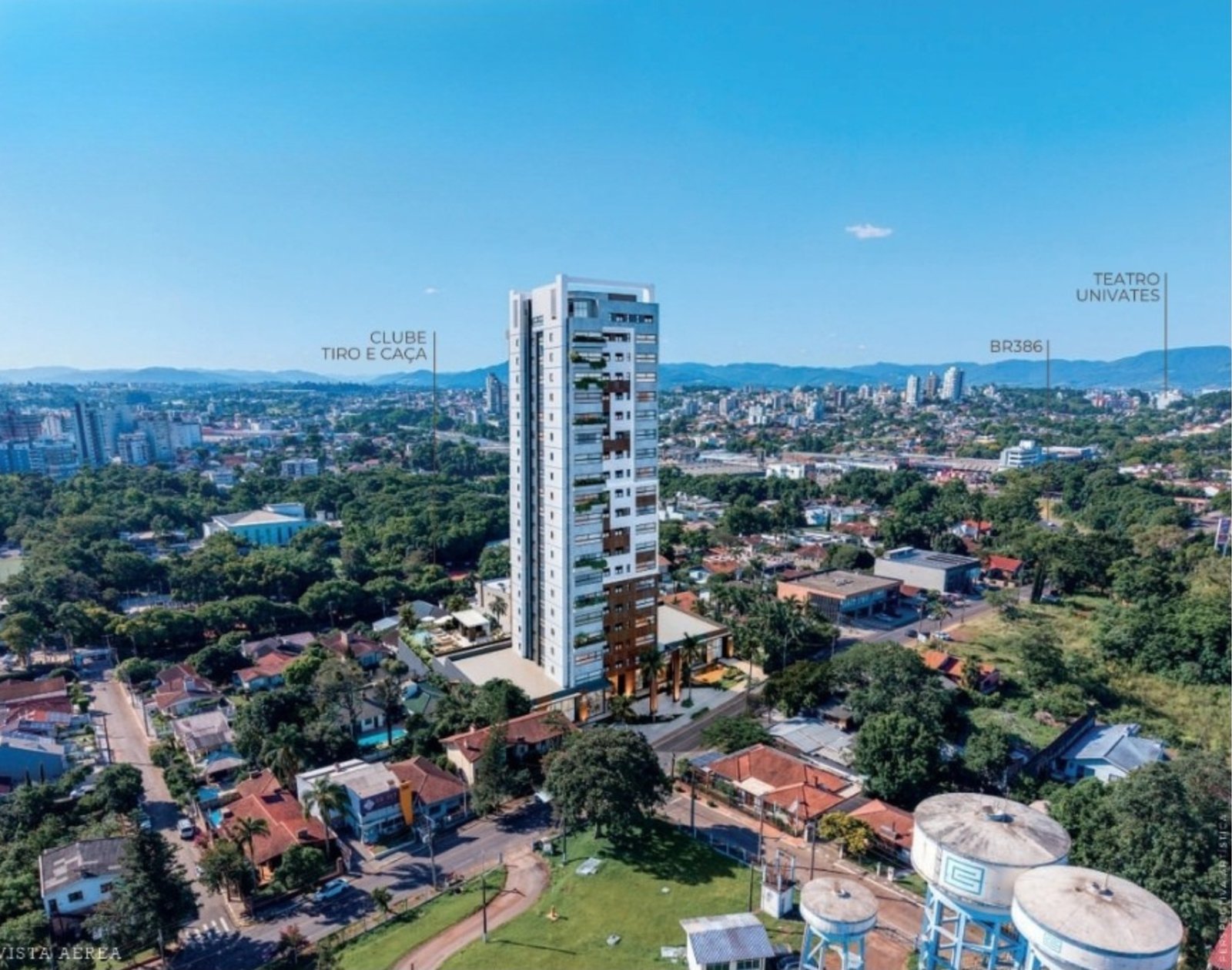 Vista aérea do Lumé Tower no bairro Hidráulica, em Lajeado, com pontos de referência do entorno